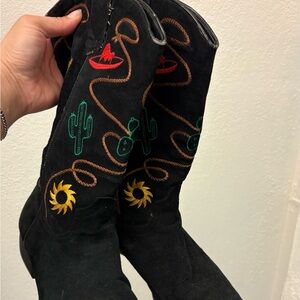 Embroidered Western Theme Black Suede Boots
